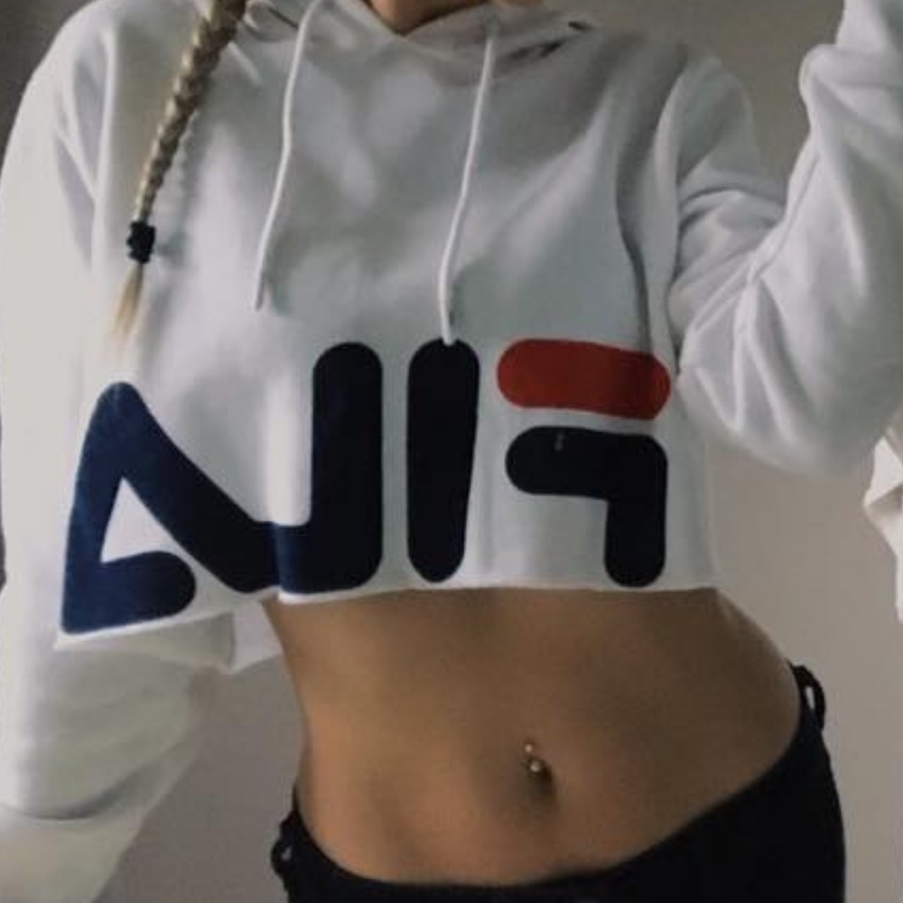White Cropped Fila Hoodie